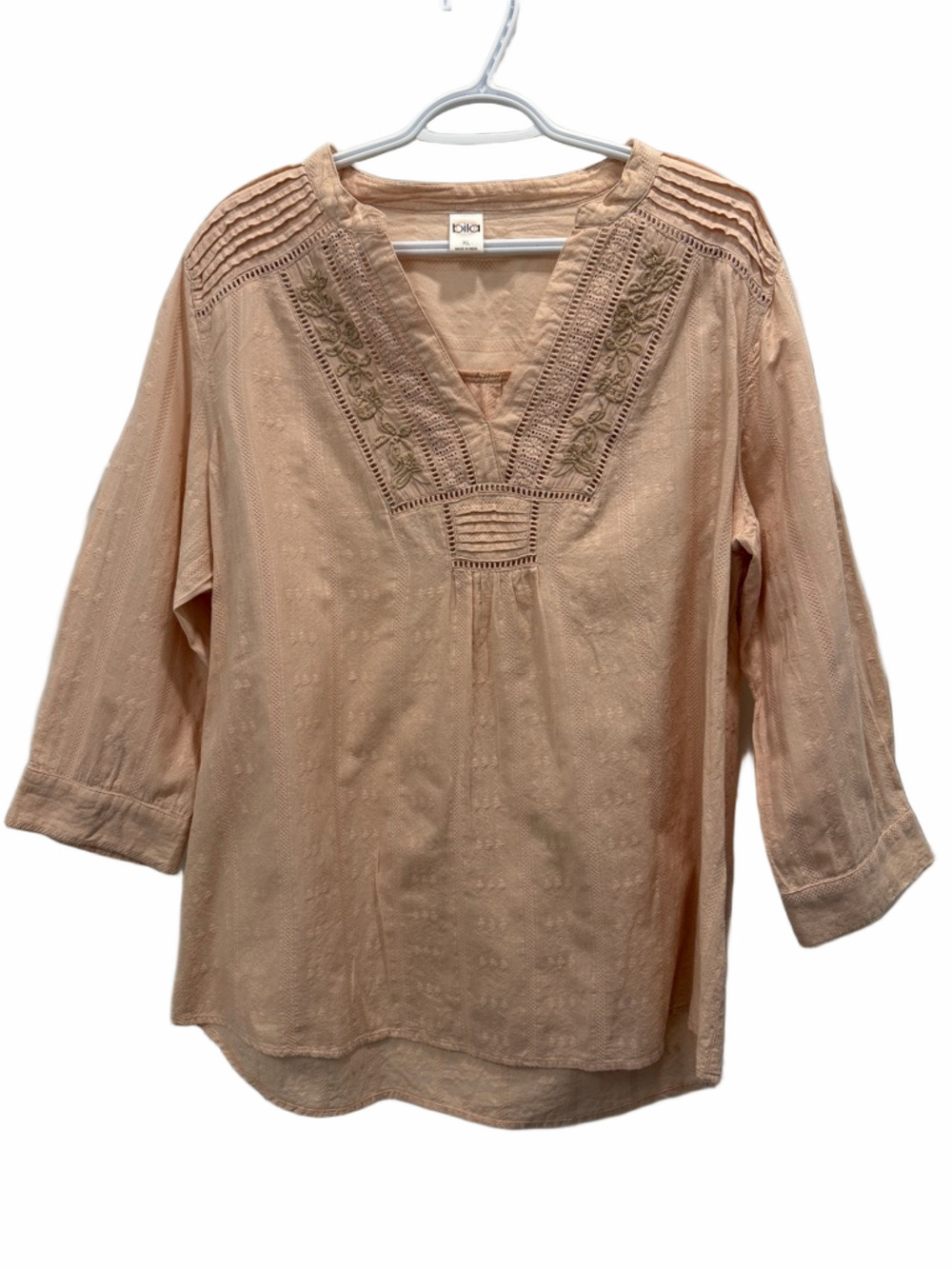 Bila Peach Embroidered Pintuck Cotton V-Neck Tunic
